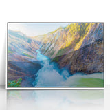 Framed acrylic print of Yellowstone scenery with vibrant green and blue tones, ideal for modern art wall decor.
