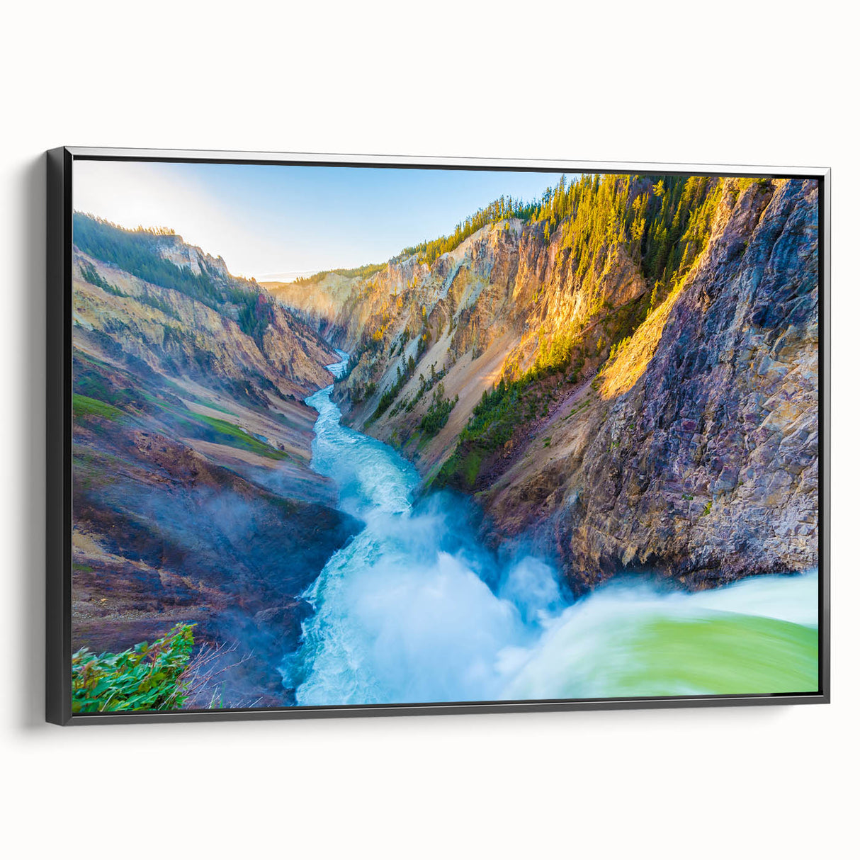 Black and white landscape art painting of Yellowstone on framed canvas, ideal for bedroom wall decor.
