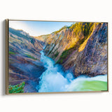 Framed canvas wall art featuring a vintage-style Yellowstone landscape in muted gold and black, ideal for bedroom decor.