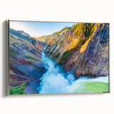 Landscape art painting of Yellowstone with colorful trees on black framed canvas, ideal for living room decor.