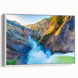 Vintage poster art of Yellowstone scenery in vibrant colors on a large framed canvas, ideal for living room decor.