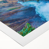 Art deco poster of Yellowstone scenery on rolled canvas, featuring earthy tones, ideal for dining room wall art.