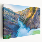 Yellowstone National Park landscape on large stretched canvas, featuring vibrant green and blue tones.