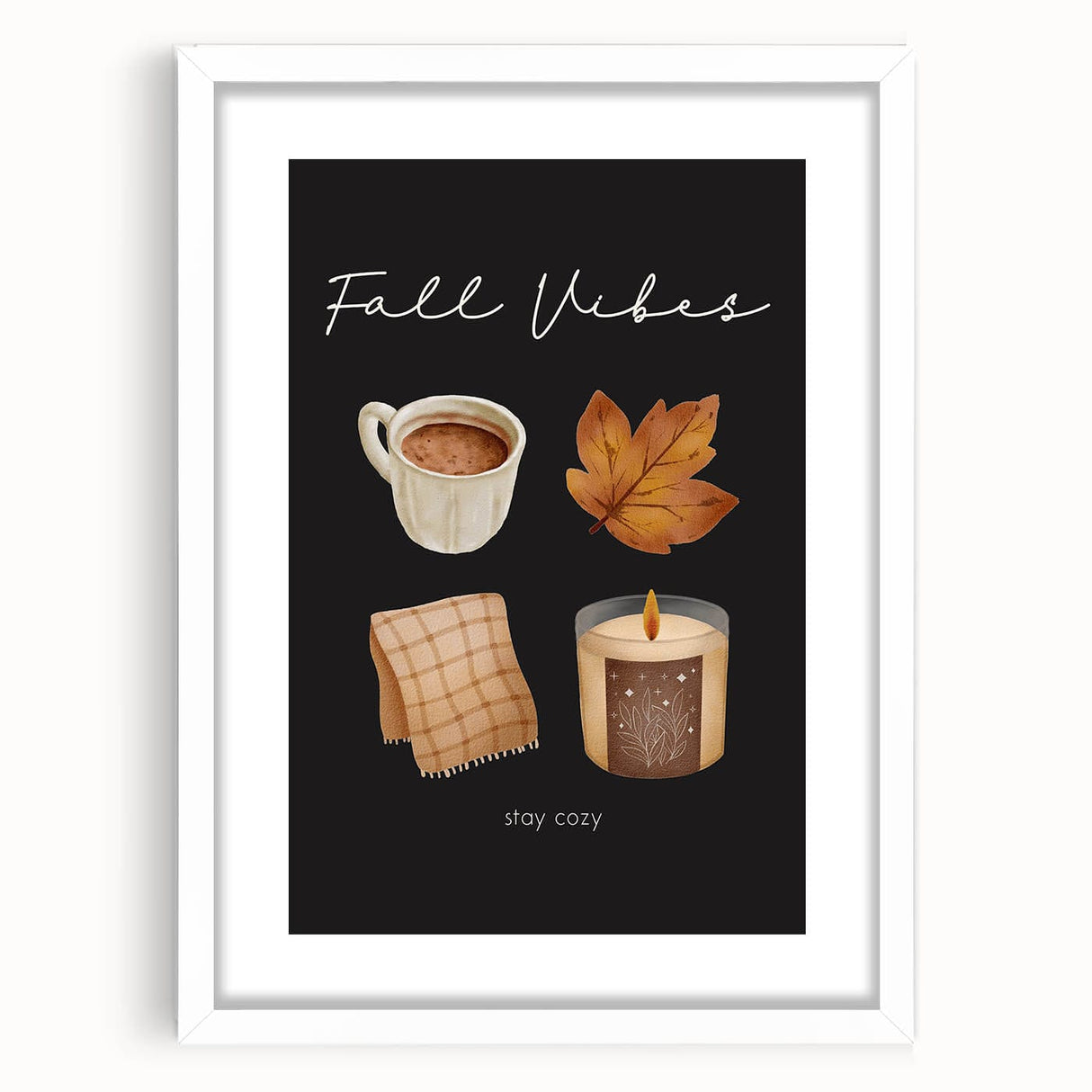 Abstract art print of fall foliage in muted orange and brown tones on a white framed canvas, suitable for dining room decor.