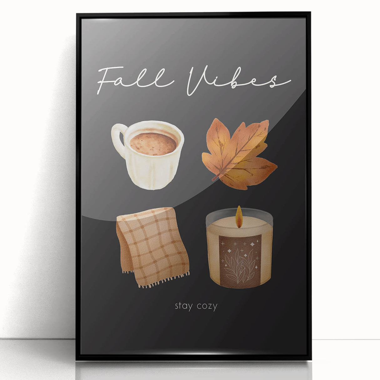 Large abstract wall art featuring autumnal hues in a mid-century modernist style, framed in black acrylic.