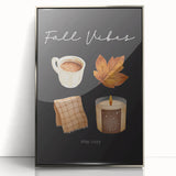 Mid-century modernist art depicting an autumnal scene in muted orange and brown tones, silver-framed acrylic print.