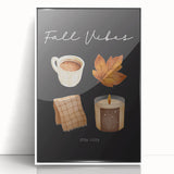 Art deco poster of fall foliage in muted orange and brown tones on a white acrylic framed print.