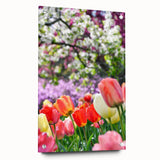 Large abstract wall art featuring spring motifs in pastel shades on acrylic glass, suitable for bedroom or dining room decor.