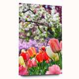 Large abstract wall art on acrylic glass depicting vibrant spring colors, ideal for bedroom or dining room decor.