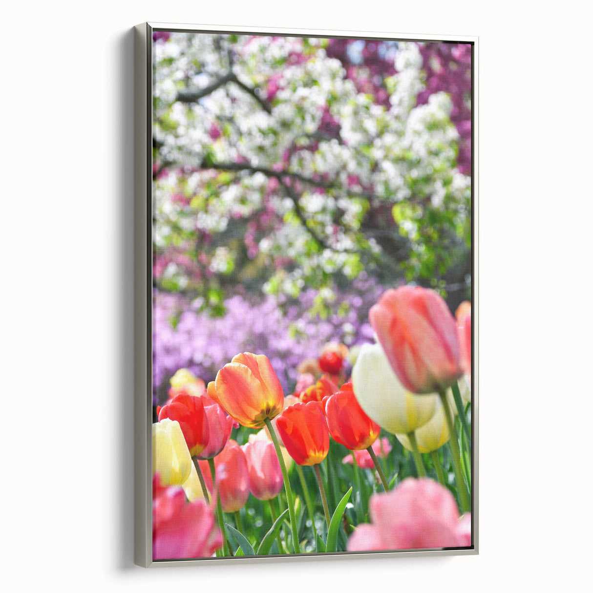 Framed canvas depicting a vintage-style landscape art painting of spring.