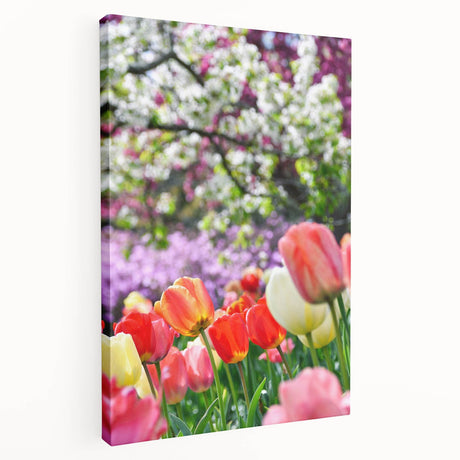 Spring-themed large art on stretched canvas depicting blossoming trees in pastel shades, suitable for kitchen wall art.
