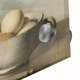 Large abstract wall art in mid-century modernist style, featuring swirling hues of blue and orange on acrylic glass.