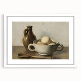 Abstract art print featuring swirling blue and gray patterns on a white framed canvas.