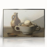 Mid-century modernist art deco poster in silver acrylic frame, featuring geometric shapes in muted colors.