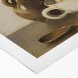 Art deco poster featuring geometric patterns in muted gold and black on rolled canvas.