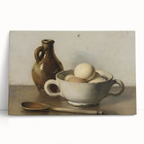 Black and white photo of assorted cookware on stretched canvas, suitable for kitchen wall art.