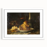 Abstract art print featuring swirling blue and white patterns, framed in white, suitable for dining room decor.