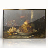 Mid-century modernist art featuring geometric shapes and warm gold tones on a framed acrylic.