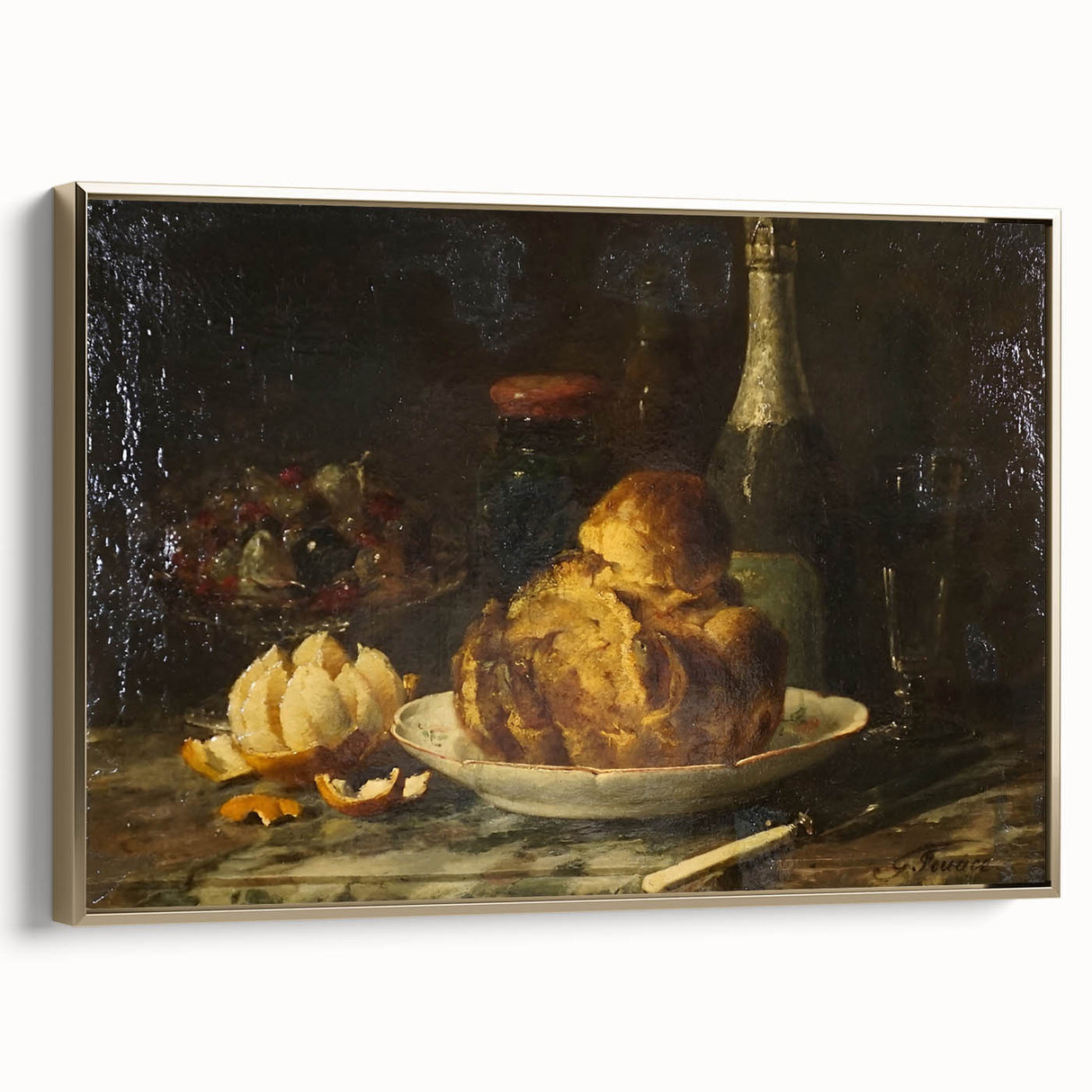Framed canvas of vintage-style landscape painting with muted gold and black tones, ideal for bedroom wall art.