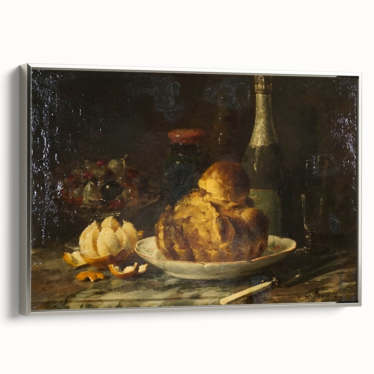 Landscape art painting featuring a colorful vintage poster design on black background, framed in silver.