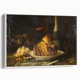 Vintage poster art of colorful dishes on a black background, framed canvas, ideal for living room decor.
