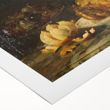 Art deco poster featuring stylized geometric dishes in muted gold and navy, printed on rolled canvas.