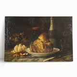 Black and white photo of stacked dishes, printed on a large stretched canvas, suitable for kitchen wall art.