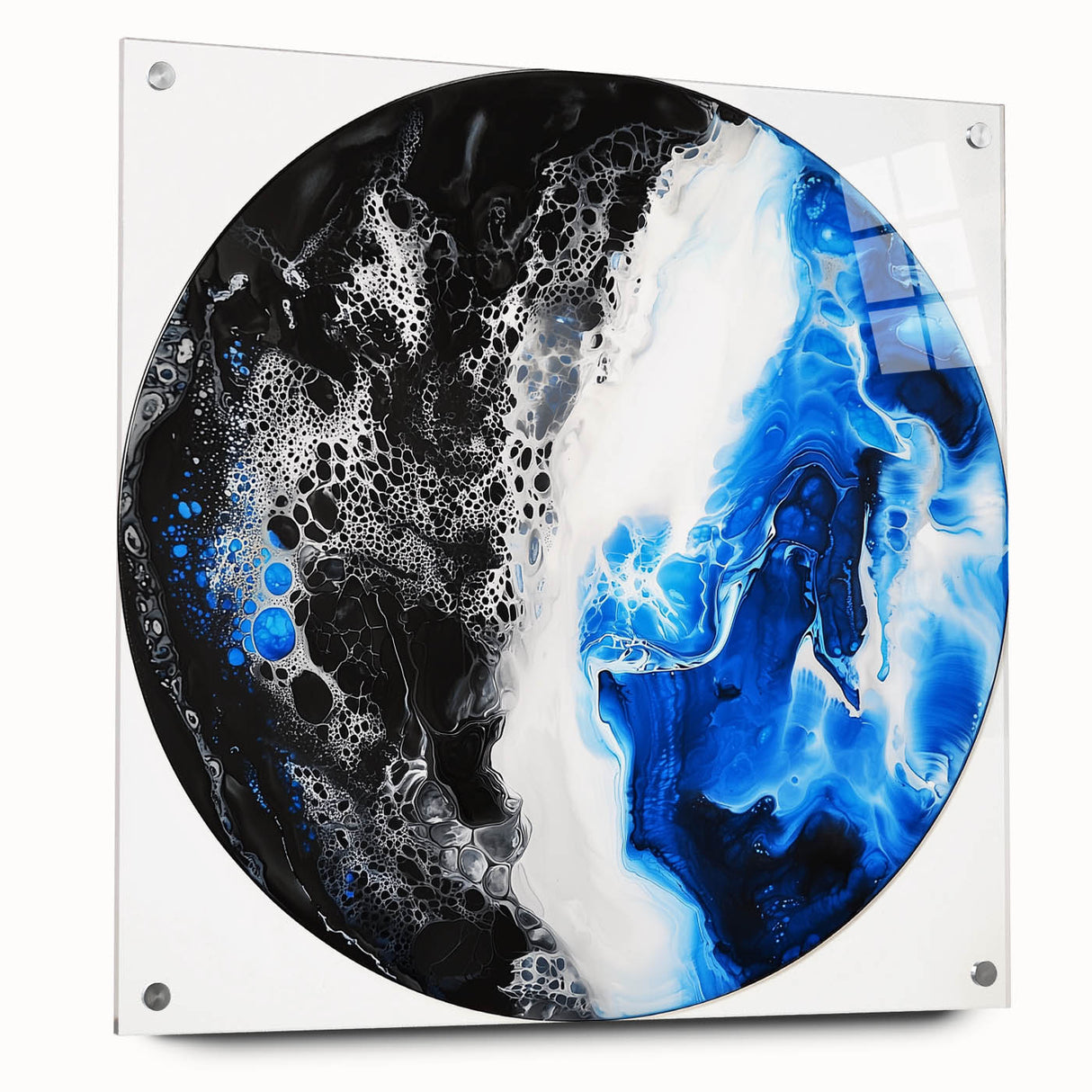 Abstract geometric acrylic glass artwork displayed in a side view, featuring vibrant colors and intricate patterns, secured with stylish pins for artistic flair. Perfect for modern decor and enhancing contemporary spaces.