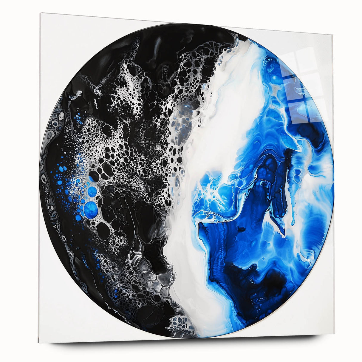 Abstract geometric design on a clear acrylic panel showcasing vibrant colors and sharp angles, ideal for modern home decor or artistic displays.