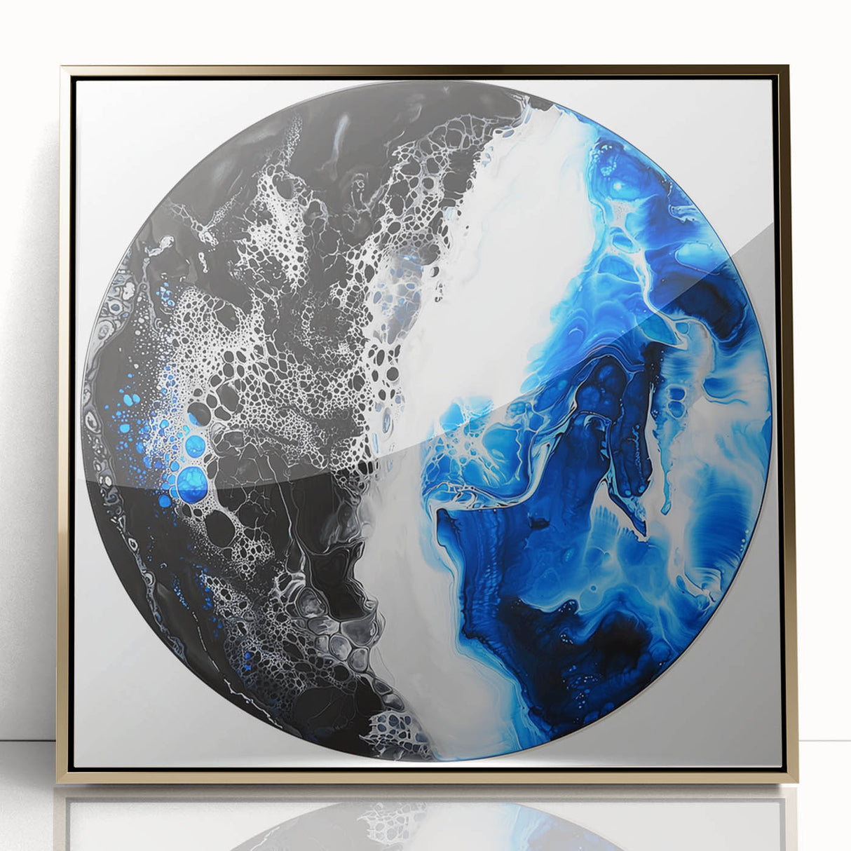 Framed abstract geometric design in gold acrylic, showcasing sharp angles and modern aesthetic, ideal for contemporary home decor and art enthusiasts.