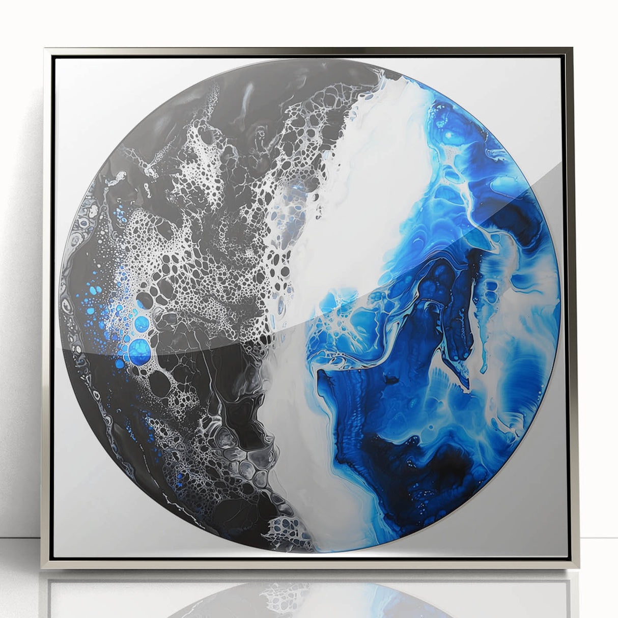 Framed abstract geometric art piece in silver acrylic, showcasing intricate shapes and modern design elements, perfect for contemporary home decor.