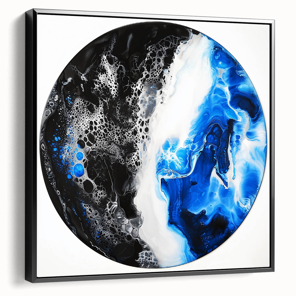 Abstract geometric framed canvas artwork in a sleek black frame, showcasing intricate patterns and vibrant colors, displayed from a side view to highlight its depth and design. Perfect for modern home decor or art enthusiasts looking to elevate their space.