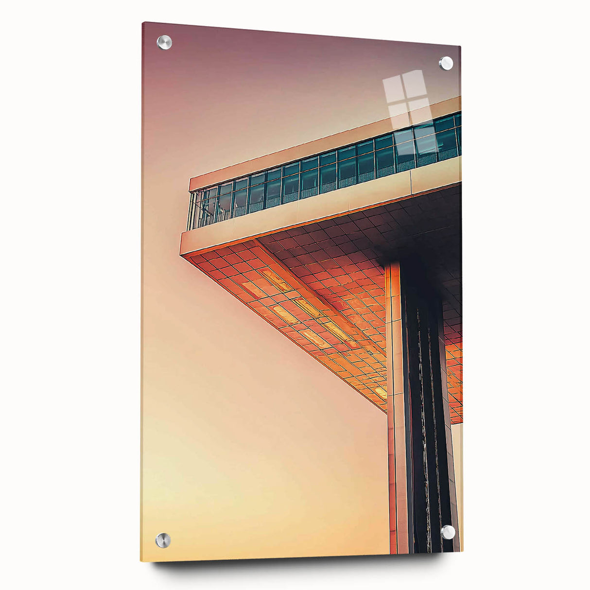 Large abstract wall art on acrylic glass featuring geometric shapes in muted gray and blue tones.