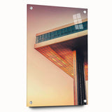 Large abstract wall art on acrylic glass featuring geometric shapes in muted gray and blue tones.