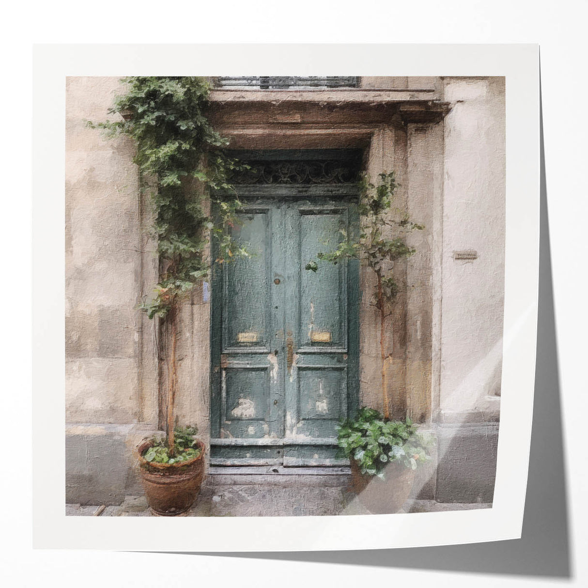 Extra large wall art depicting a detailed French door design in muted earth tones on glossy photo print.