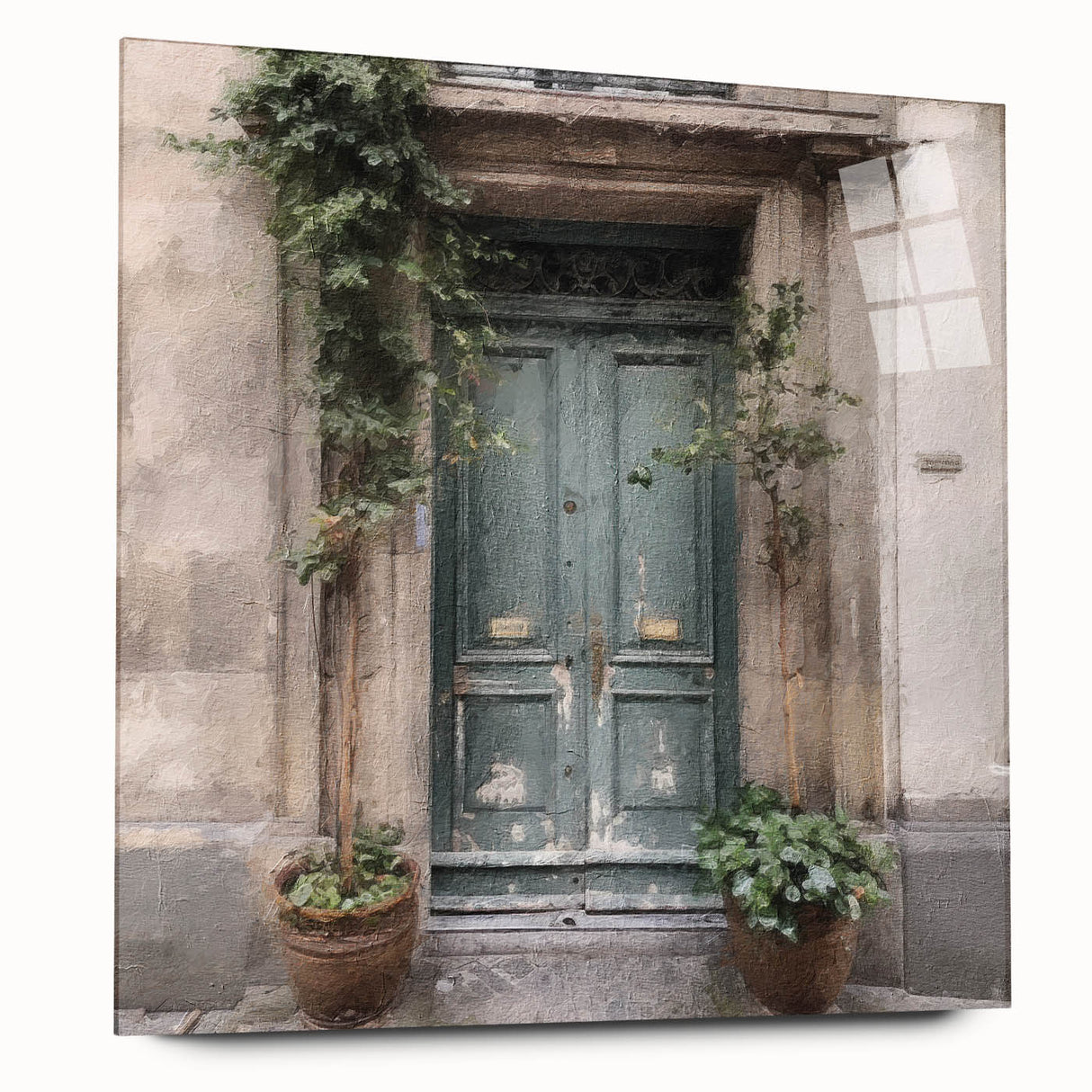 Large abstract wall art of a French door architecture in muted gray tones on acrylic glass.