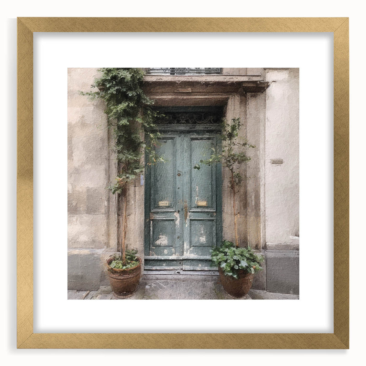 Extra large abstract art print featuring textured design of a French door, in muted gold and white tones on a framed canvas.