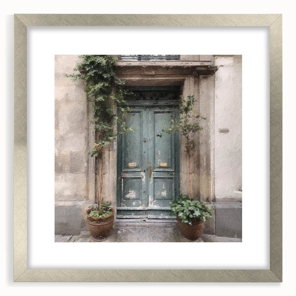 Textured art print of an abstract French door design in silver frame, ideal for bedroom wall decor.