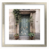 Textured art print of an abstract French door design in silver frame, ideal for bedroom wall decor.