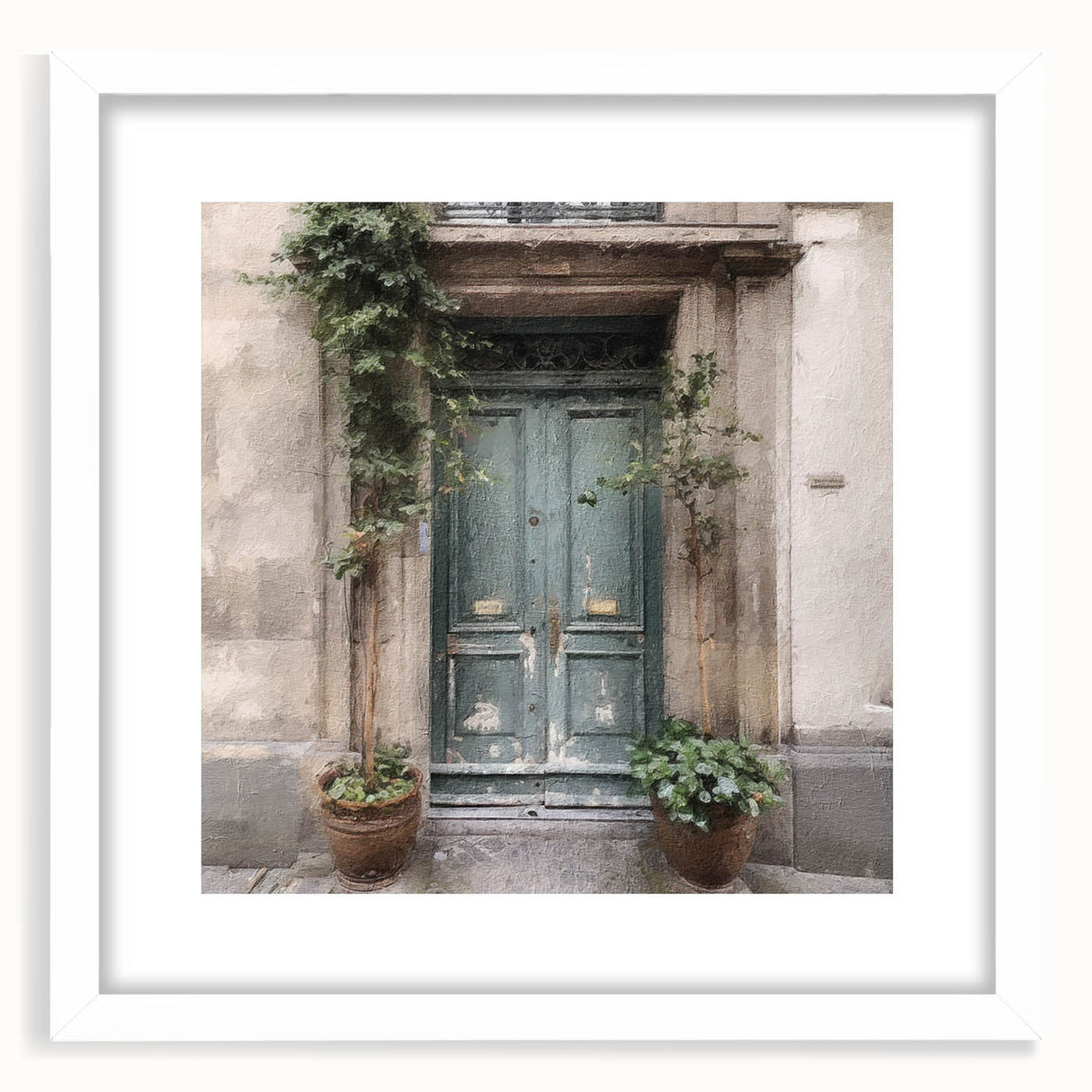 Abstract art print of a stylized French door in muted gray tones on a white framed poster, suited for dining room decor.