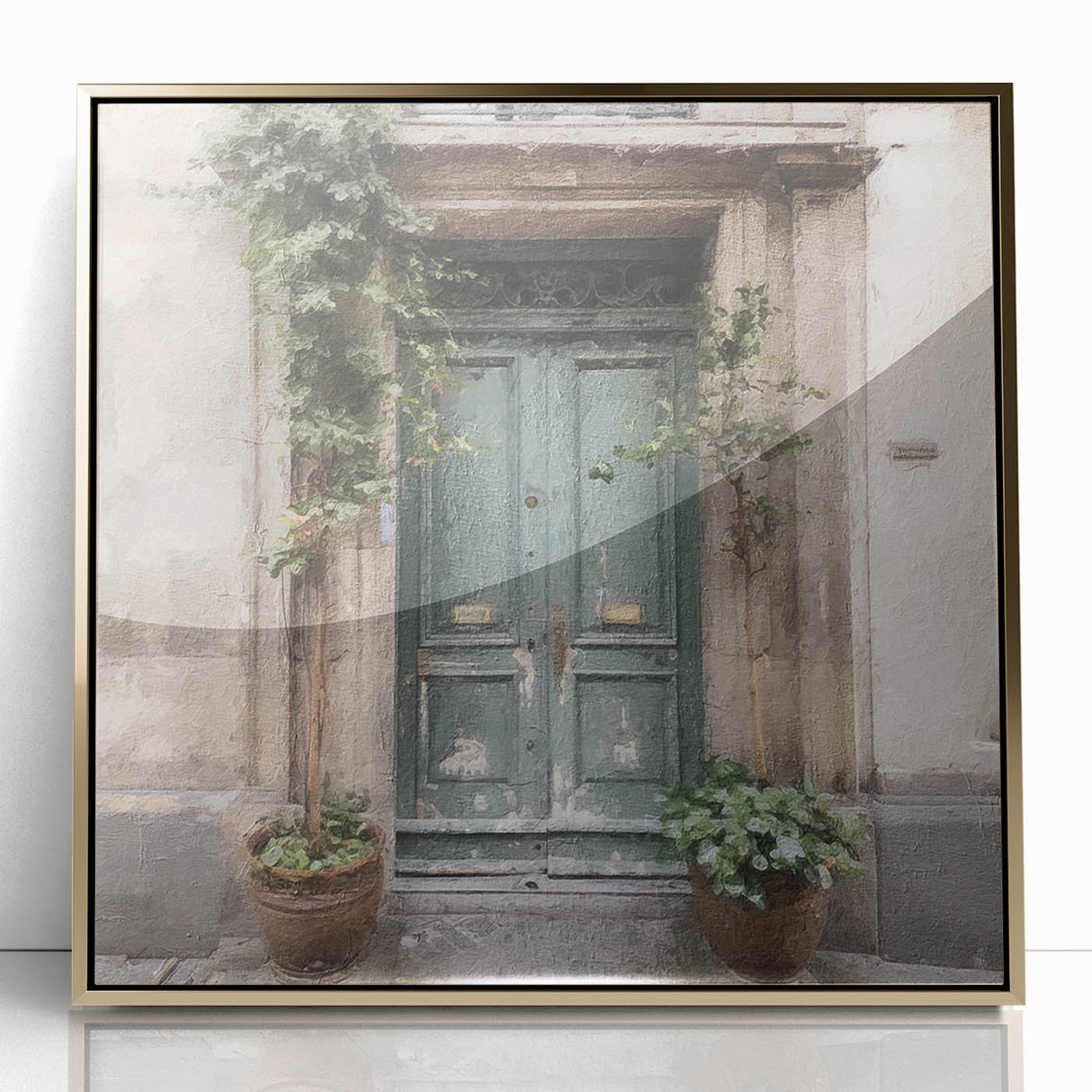Mid-century modernist acrylic print of a French door in gold tones, suitable for modern art wall decor.