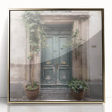 Mid-century modernist acrylic print of a French door in gold tones, suitable for modern art wall decor.