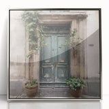 Mid-century modernist art of a French door architecture, framed in silver acrylic, suitable for nursery wall decor.