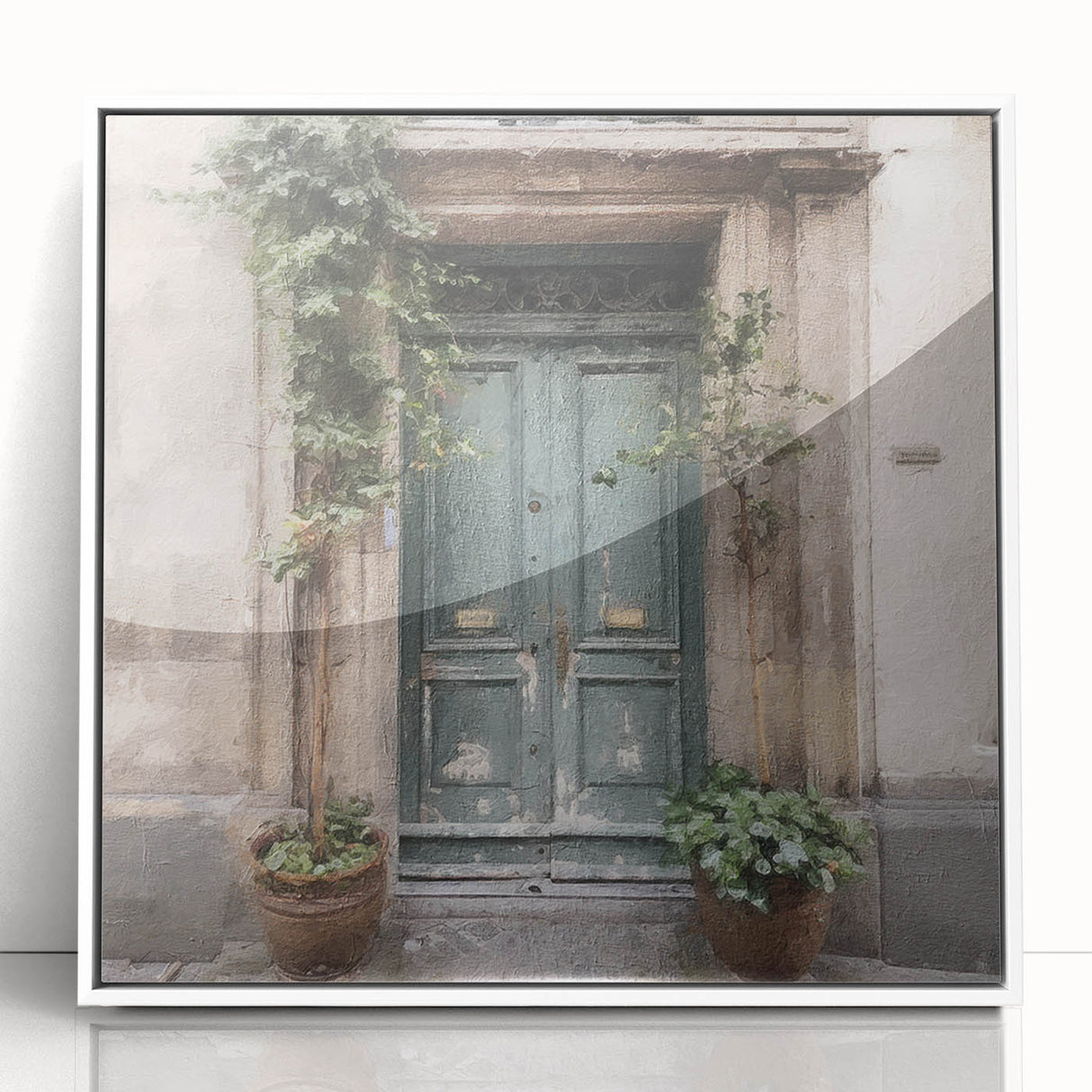 Art Deco style door architecture in white and gray tones on a framed acrylic, suitable for modern art wall decor.