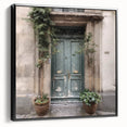 Black and white framed canvas featuring a vintage poster art of a classic French door, ideal for bedroom wall decor.