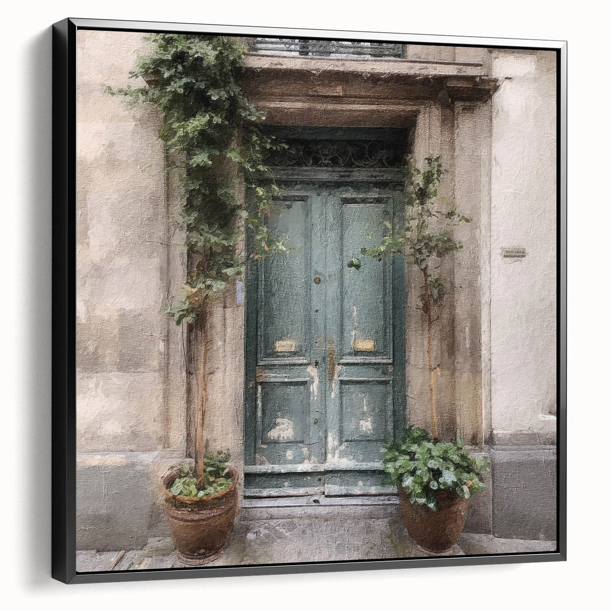 Black and white framed canvas featuring a vintage poster art of a classic French door, ideal for bedroom wall decor.