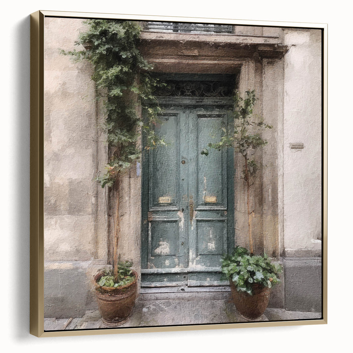 Framed canvas wall art featuring a vintage poster of a French door in black, silver, and gold tones, ideal for bedroom decor.