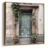 Framed canvas wall art featuring a vintage poster of a French door in black, silver, and gold tones, ideal for bedroom decor.