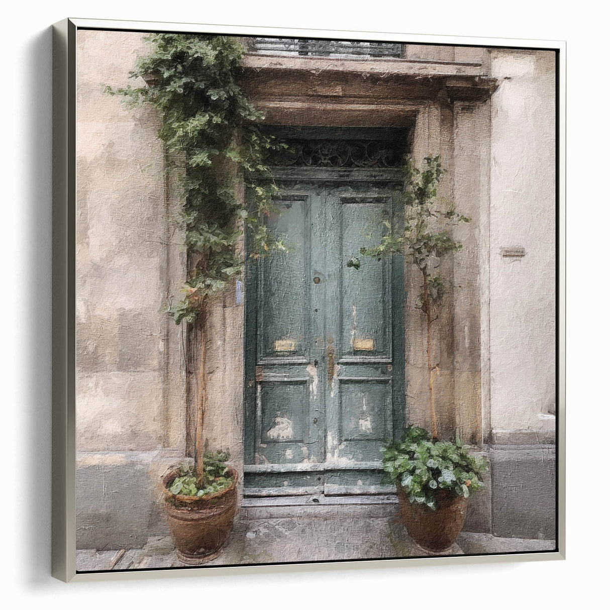 Landscape art painting of a vintage French door, framed canvas with silver detailing.