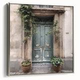 Landscape art painting of a vintage French door, framed canvas with silver detailing.